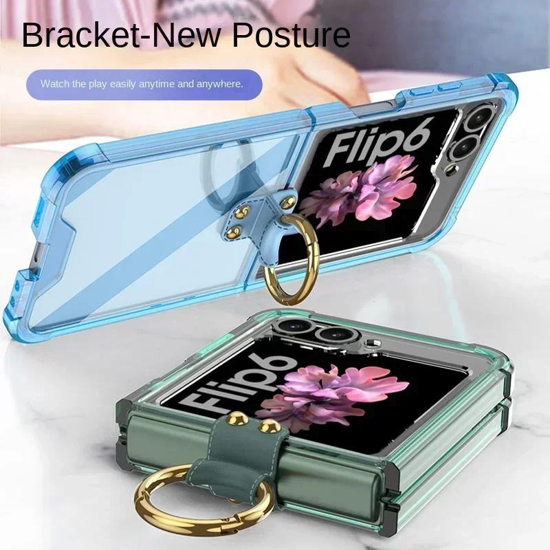 

Electroplated Transparent Hard Gas Bag Ring Phone Case for Samsung Galaxy Z Flip6 Flip5 5G Stand Shockproof Cover With Ring