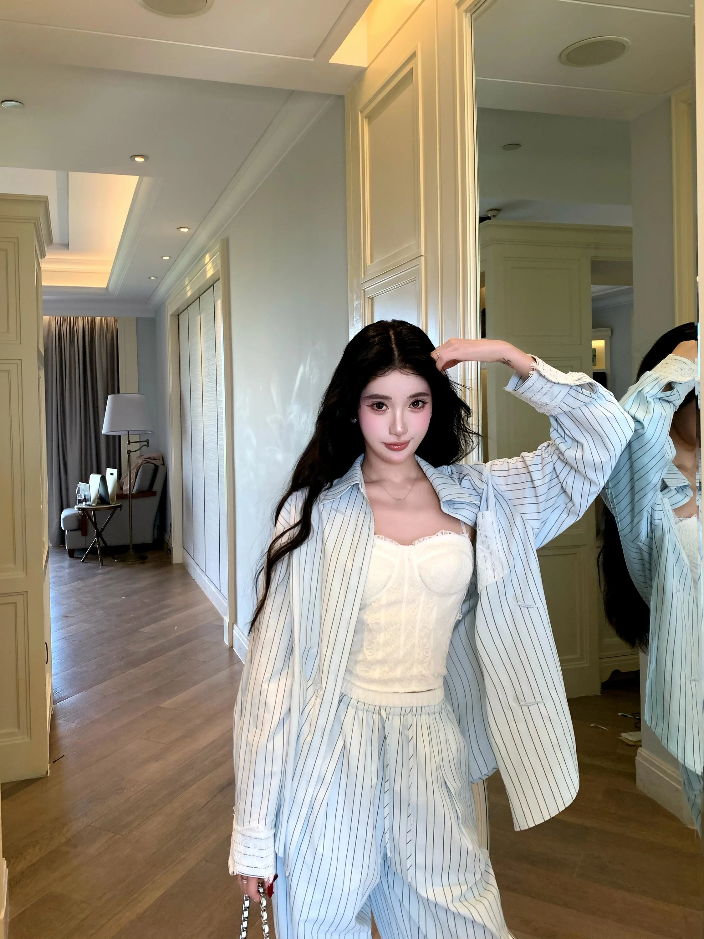 Casual Loose Women's Set Barb Chill Spring Striped Wide Leg Pants Loose Fit irt Comfortable Breathable Cotton Polyester Blend