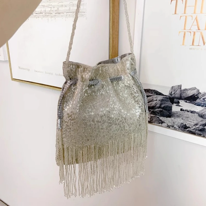 DOYUTIG Brand Women's Long Tassels Beaded Handbag Indian's Retro Handmade String Totes Lady Embroidery Bead Crossbody Bag N019