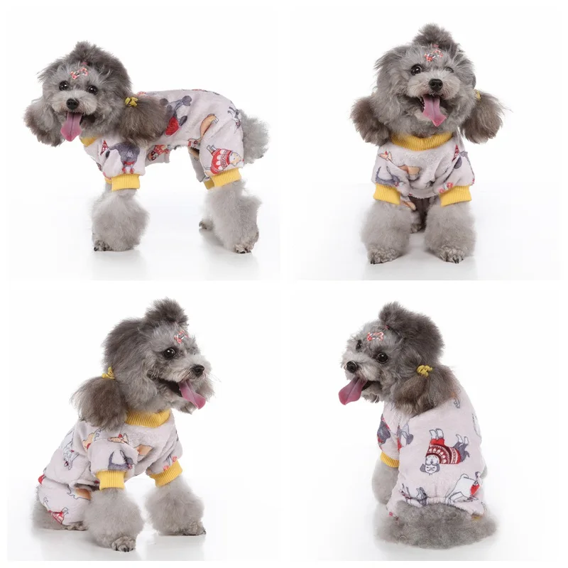 Christmas Dog Four-Legged Clothes Cartoon Pattern Plush Pet Costume Warm Puppy Hoodless Hoodie Winter Outdoor Teddy Coat