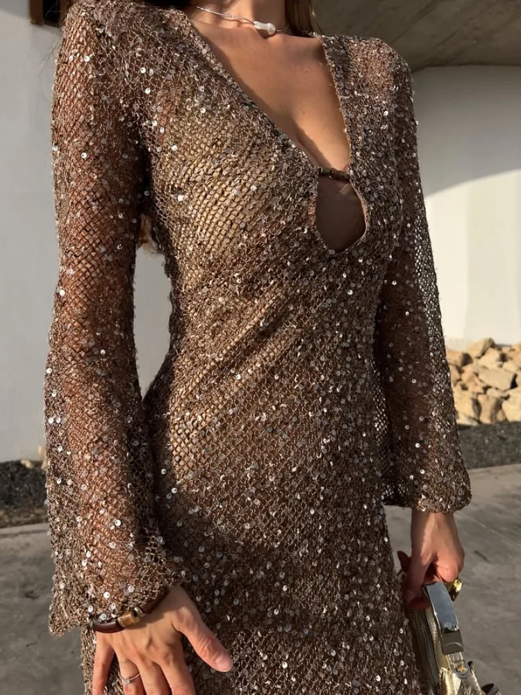 Summer and Autumn European and American Sexy V-Neck Sequined Flared Sleeves Mid Length Skirt Knitted Dress for Women