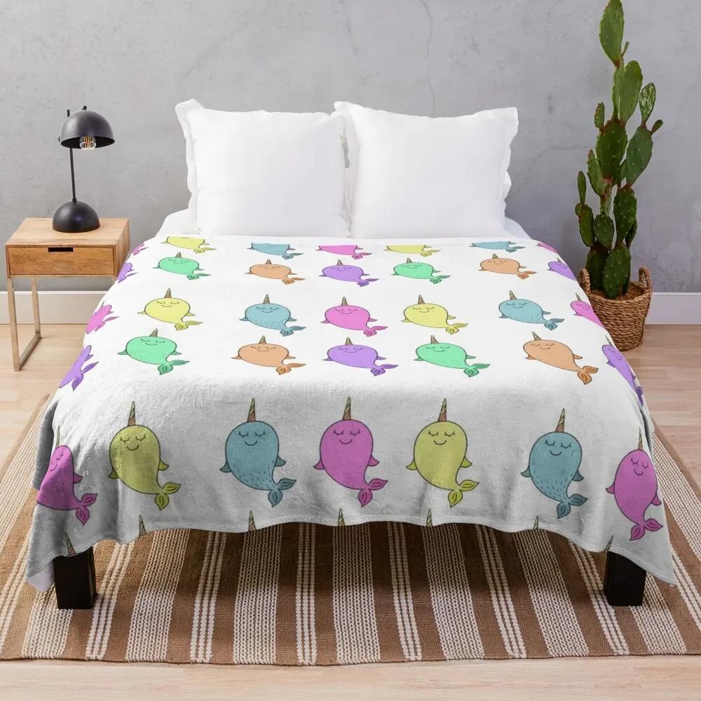 Cartoon Narwhals Flannel Throw Blanket Cute Wild Sea Animals for Bed Sofa Couch Decor Lightweight Warm Super Soft Birthday Gift