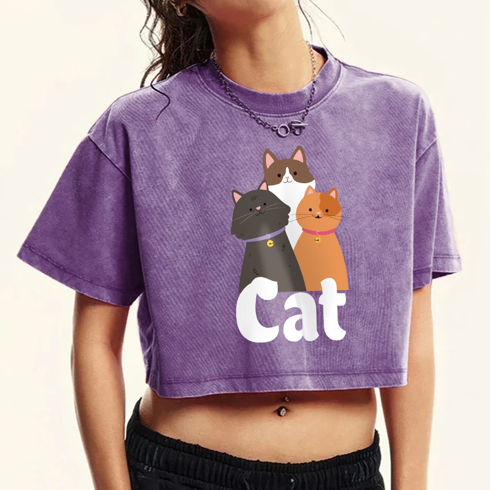 

Three Cartoon Cats Print Washed Tee Shirt Women Crop Summer Casual Short Sleeve Cotton T-Shirt All-Match Comfortable T Shirts