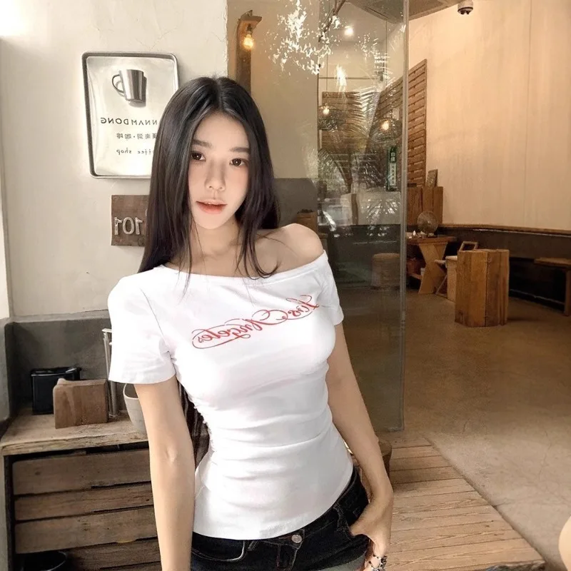 Women Off-Shoulder Asymmetrical Short Sleeve T-Shirt Slim Fit Summer Top Female Girl Students Lady Flattering Versatile T-Shirt