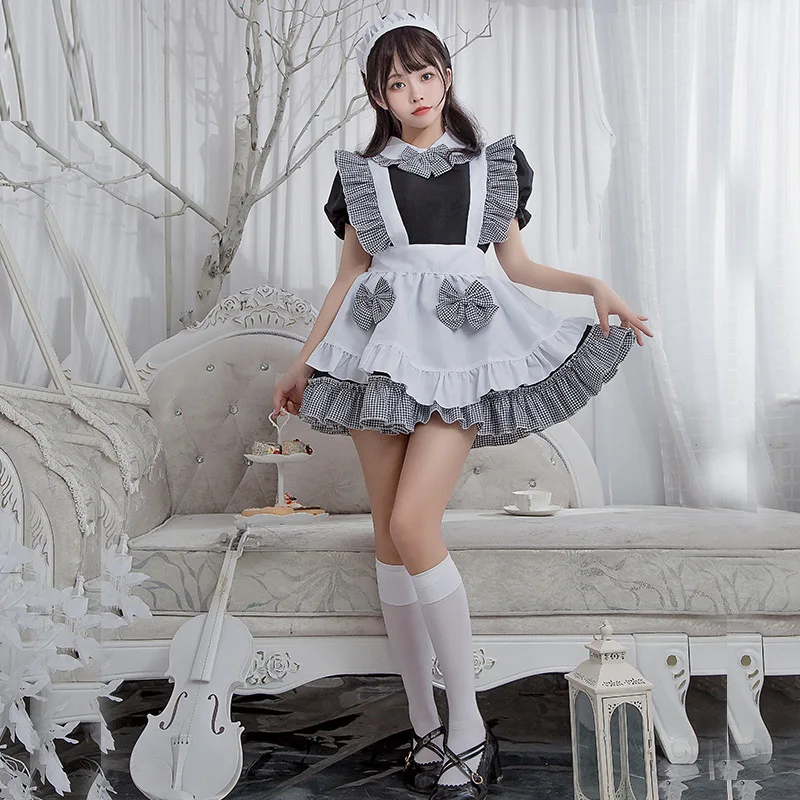 Loween Lolita femme de chambre orm Bla blanc Plaid Cosplay Dr mignon école fille cuisine aide tenue Fem Waitr Costume