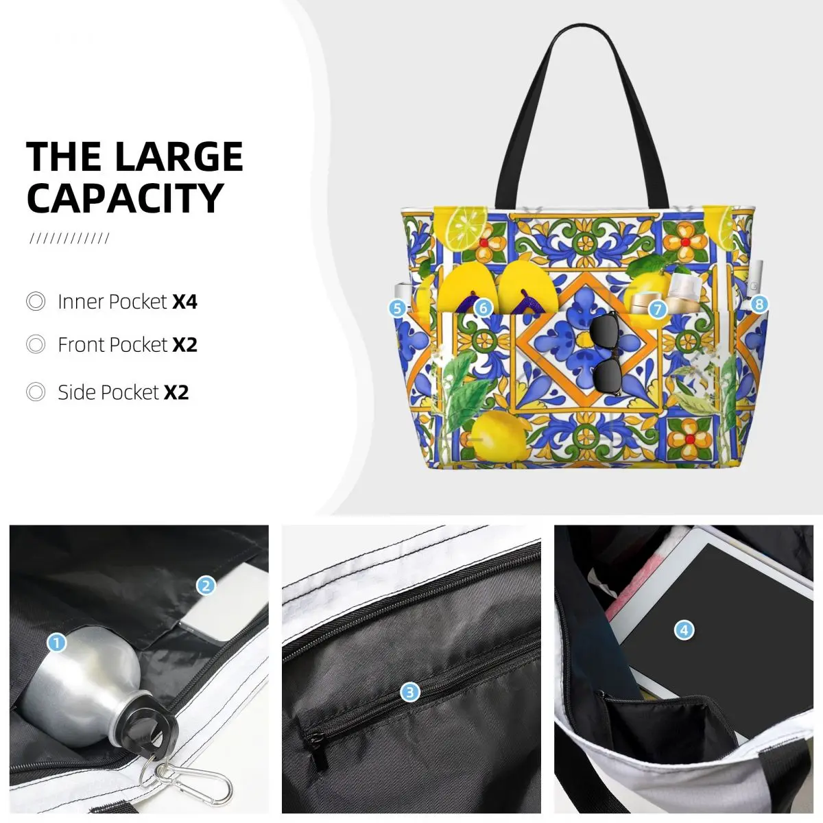 Summer Sicilian Tiles Citrus Oranges Beach Travel Bag, Tote Bag Trendy Shopping Gifts Shoulder Bag Multi-Style Pattern