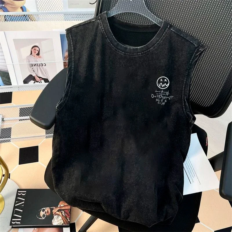 Personalisiertes reines Baumwoll-bedrucktes Retro-gewaschenes amerikanisches T-Shirt Sommerweste Herren ärmellose lockere Kleidung von hoher Qualität