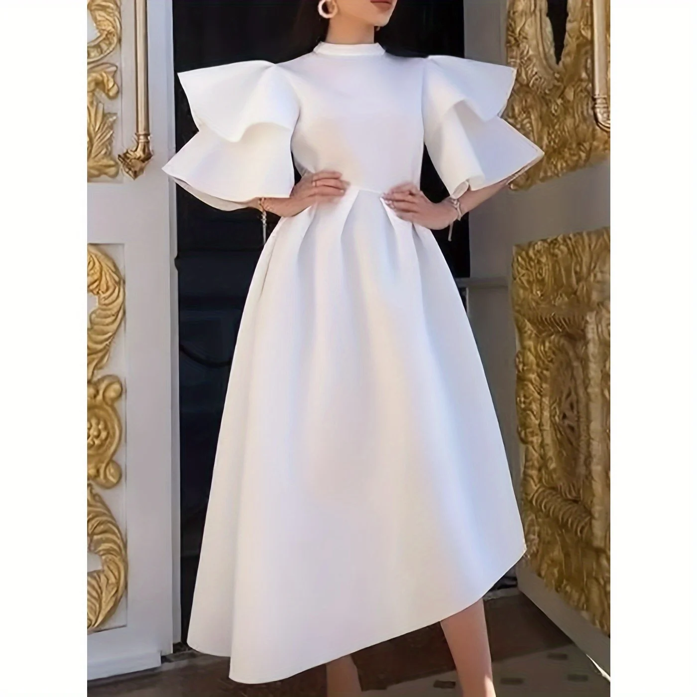 

Double-layer ruffled sleeves solid color hem European and American dresses