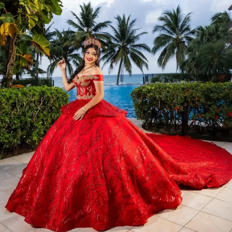 

Блестящее красное платье Quinceanera с блестками и кристаллами, наклейка с длинным хвостом и бантом, Vestidos De 15, Quinceanera ﻿ Настроить