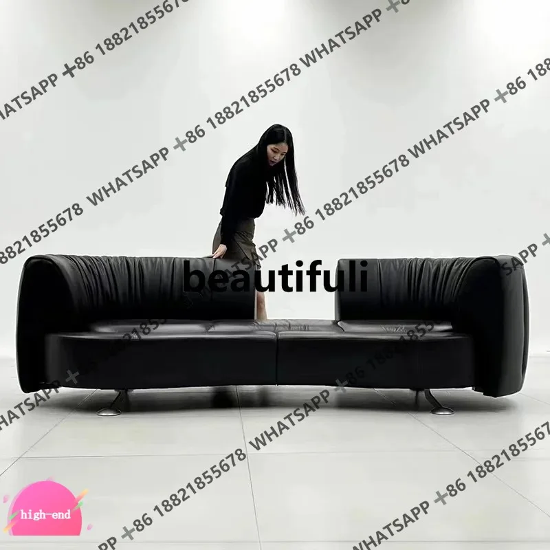 

Sliding Rail Sofa with Rotating Backrest, Curved Push-Pull Design, Small Apartment Black Leather Sofa for Three or Four People