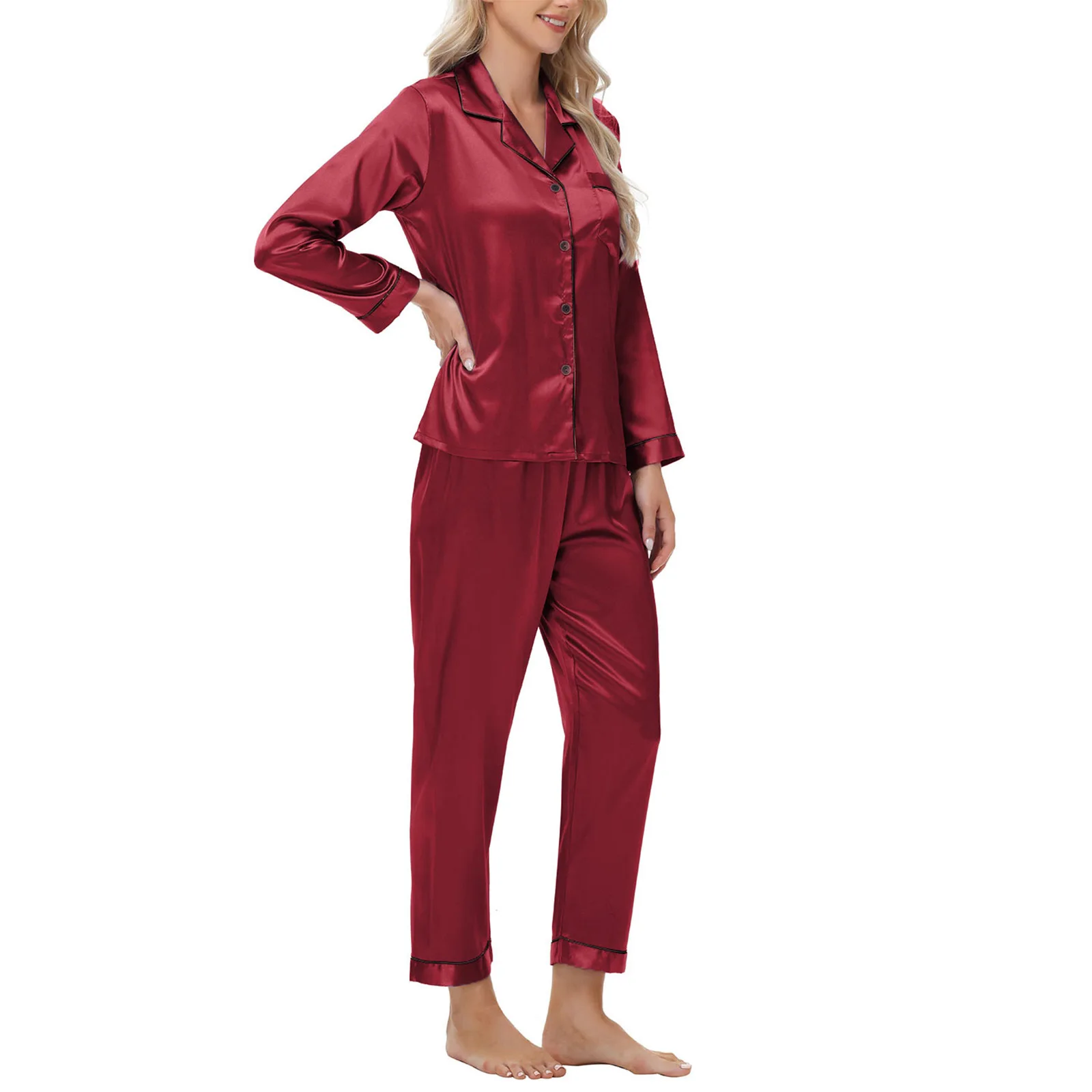 2025 Spring New Ice Silk Pajamas Women's Long Sleeve Long Pants Satin Large Size Pajamas Home Clothes
