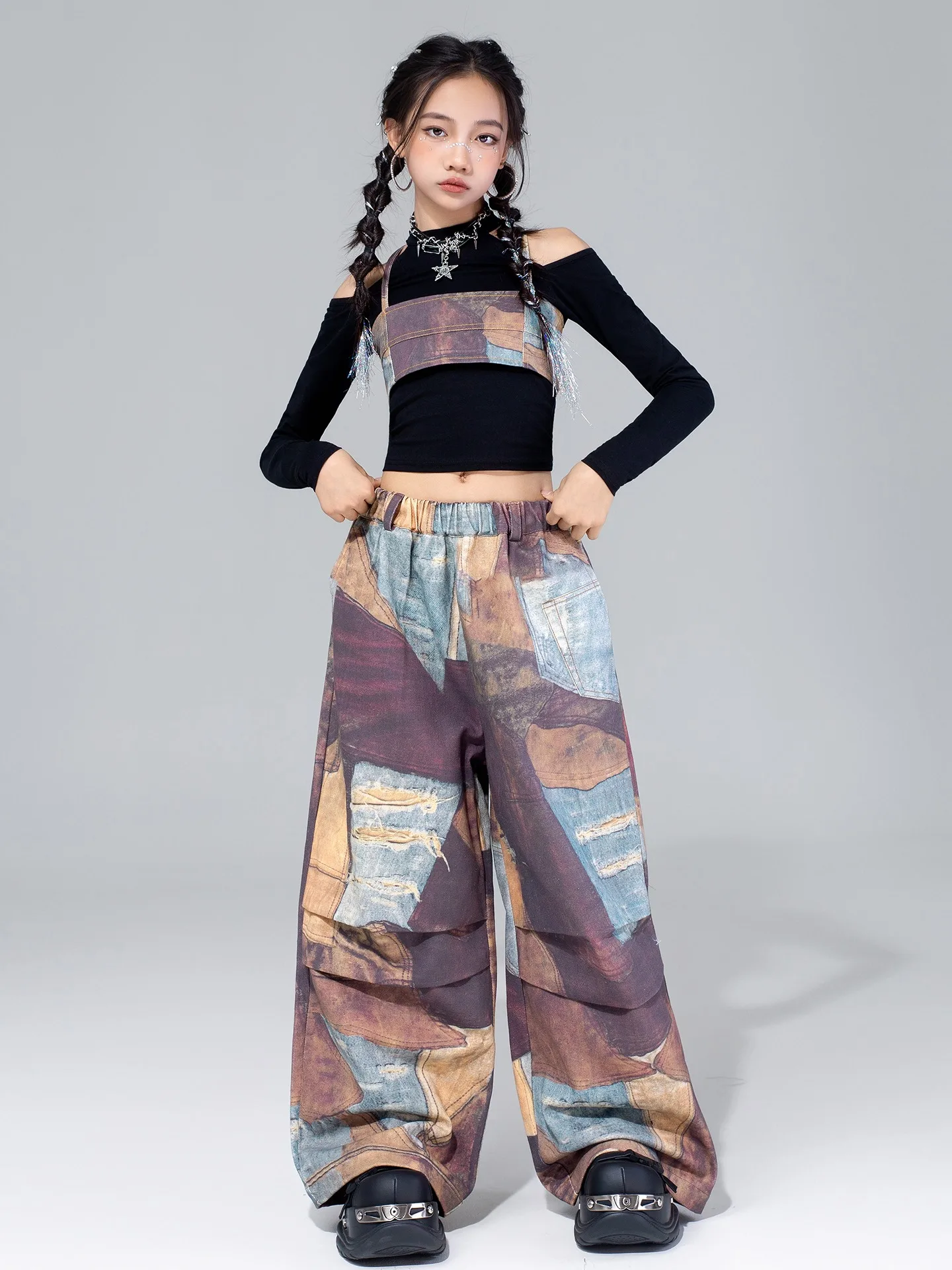 Mädchen Hip Hop Jazz Dance Kleidung Kpop Lange Ärmel Crop Tops Baggy Mode Hosen Kinder Straße Tragen Modern Dance Tragen BL17713