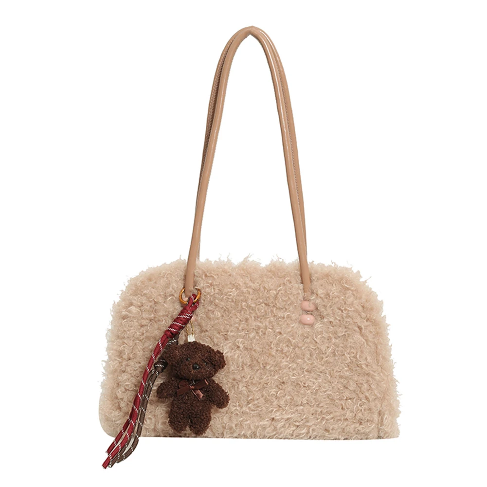 

Women Plush Tote Bag Solid Color Underarm Bag with Zipper Furry Purse Large Capacity Handbag for Work Travel Shopping