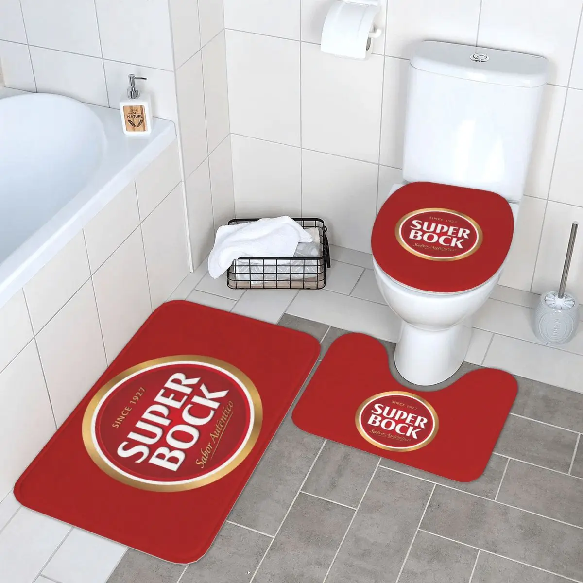 

Super Bock 3 Pcs Bath Mat Bathroom Set Toilet Lid Cover Home Decor Non-Slip Carpet Floor Rug