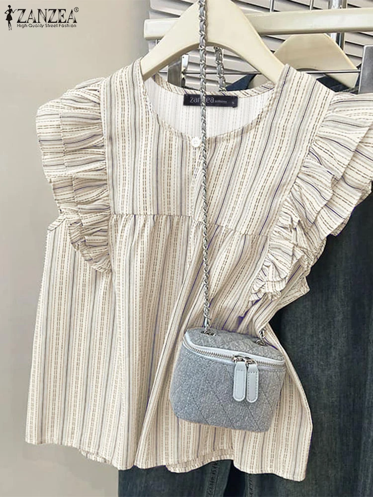 

ZANZEA Sleeveless Tanks Tops Women Striped Printed Shirts Summer Beach Camis Tees 2025 Casual Loose Tees O Neck Ruffled Tunics