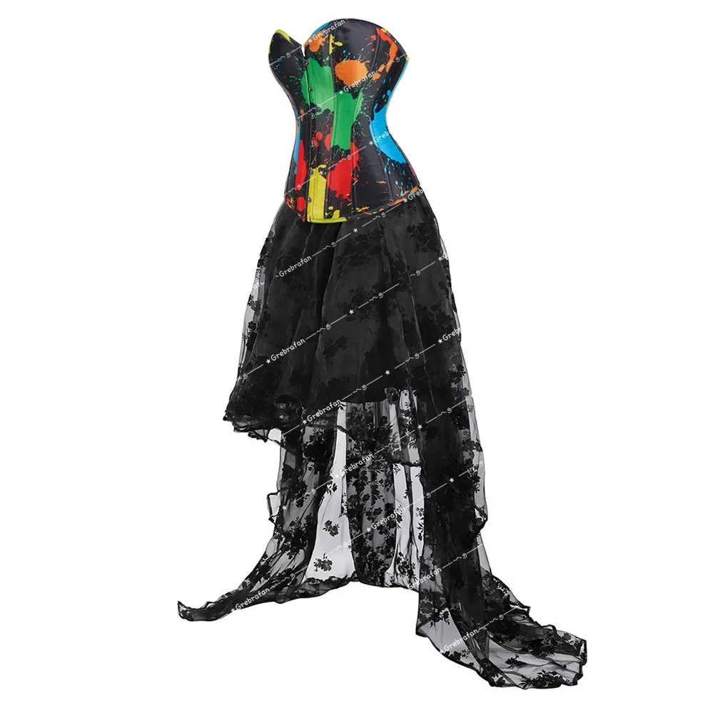 Women's Steampunk Corset Skirts Victorian Style Printed Bustier Gothic Corsets Skirt Burlesque Outfits Party Costume Halloween