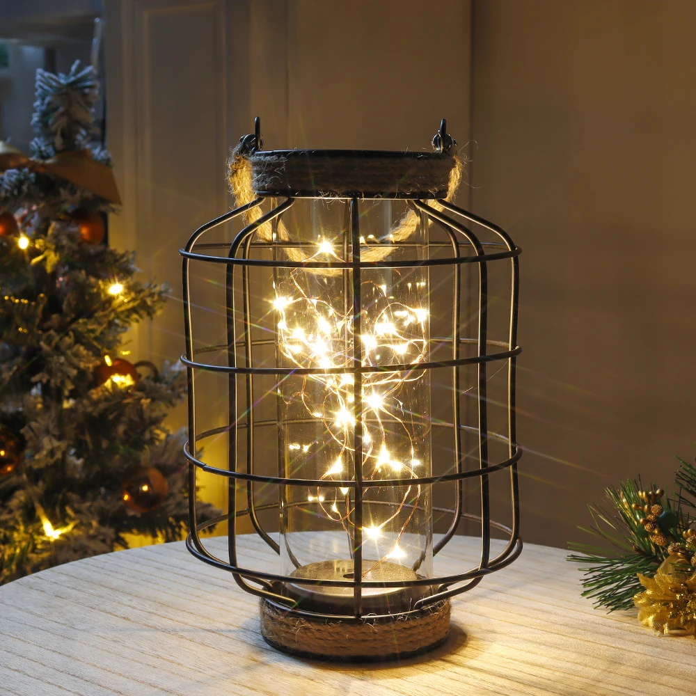 Metal Cage Table Lamp LED Lantern Battery Powered Lamps Hanging Light Vase Candle Holder for Weddings Party Home Decor