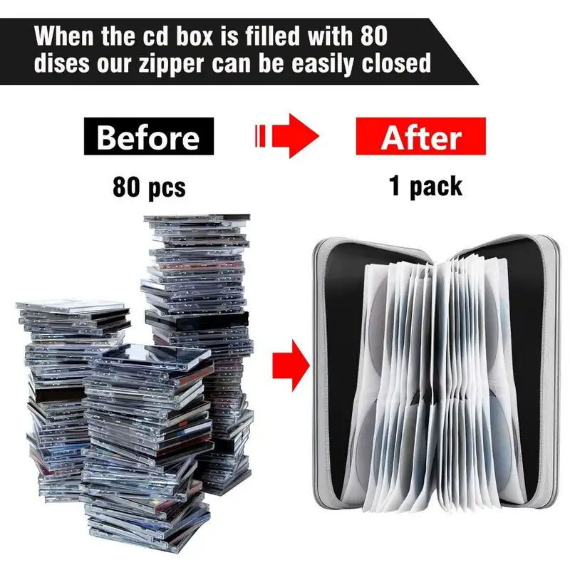 Media Storage Box 80 Capacity CD Case Holder Hard Plastic Storage DVD Case Zipper Portable CD Case Wallet CD/DVD Album - Image 3