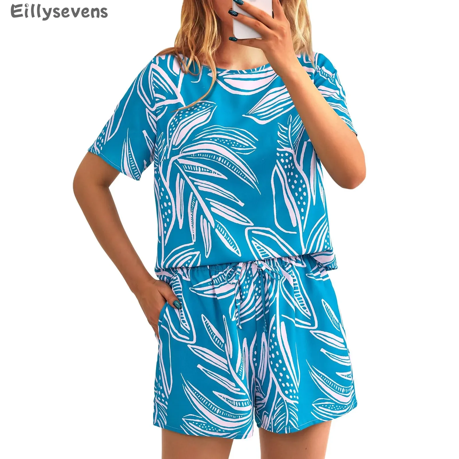 여성용 프린트 잠옷 세트, 여름 꽃 반팔 열대 반바지 세트, 캐주얼 투피스 홈웨어