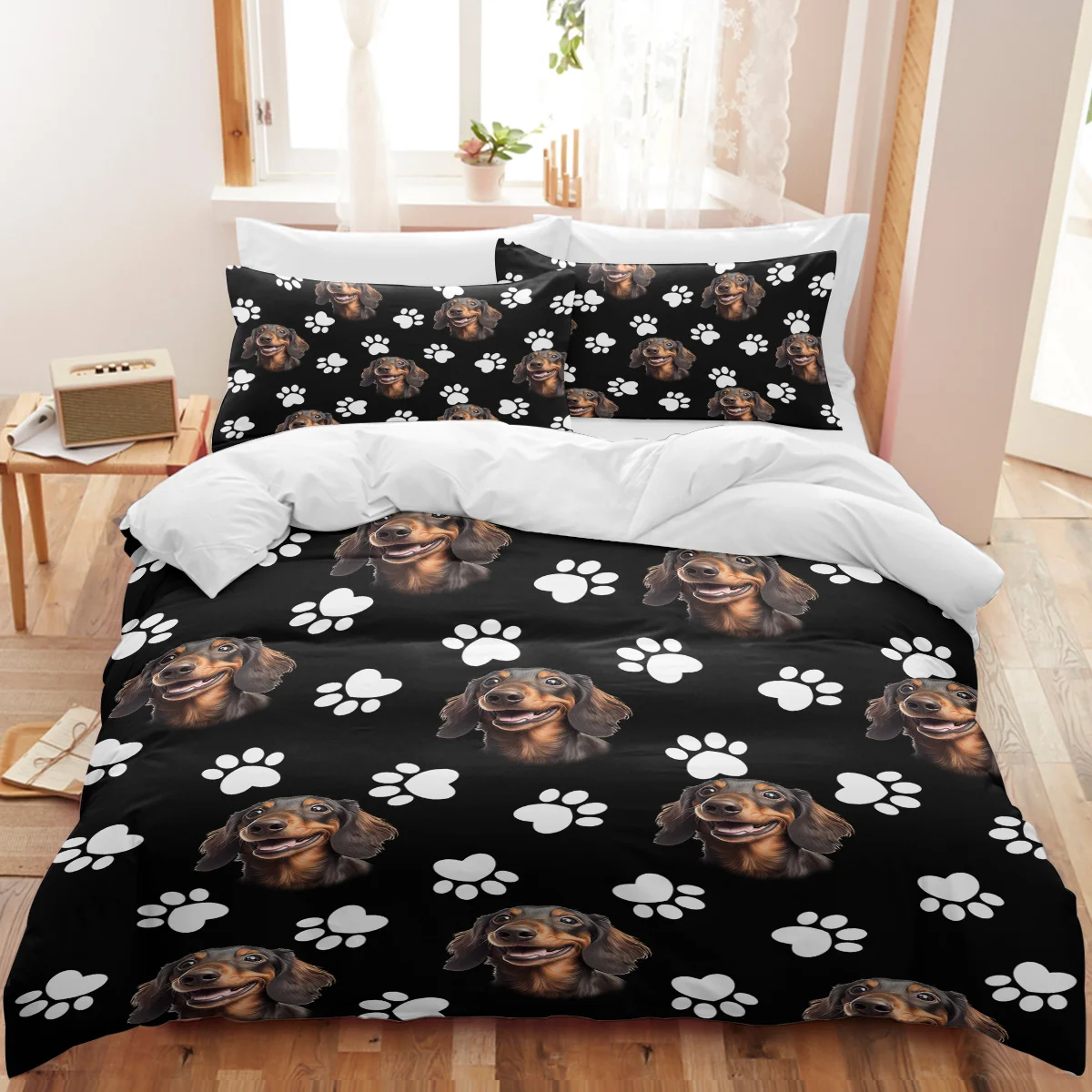 BeddingOutlet 3 Pieces Dog Paw Print Duvet Cover Set Warm Soft Cozy Cute Puppy Black Bed Set with Zipper Closure for Boys Girls