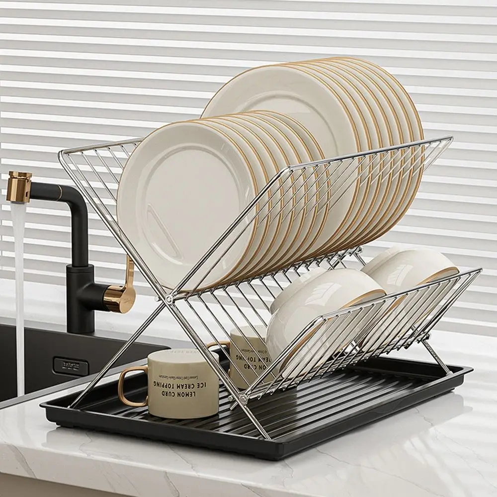 

X-Shape Foldable Dish Drying Rack 2 Tier Space-saving Kitchen Tableware Holder Large Capacity Water Catcher Tray