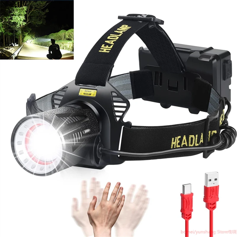 

LED Sensor Headlamp Rechargeable Outdoor Head Flashlight Zoomable Headlight Waterproof 18650 Head Torch Hiking Front Lanterns