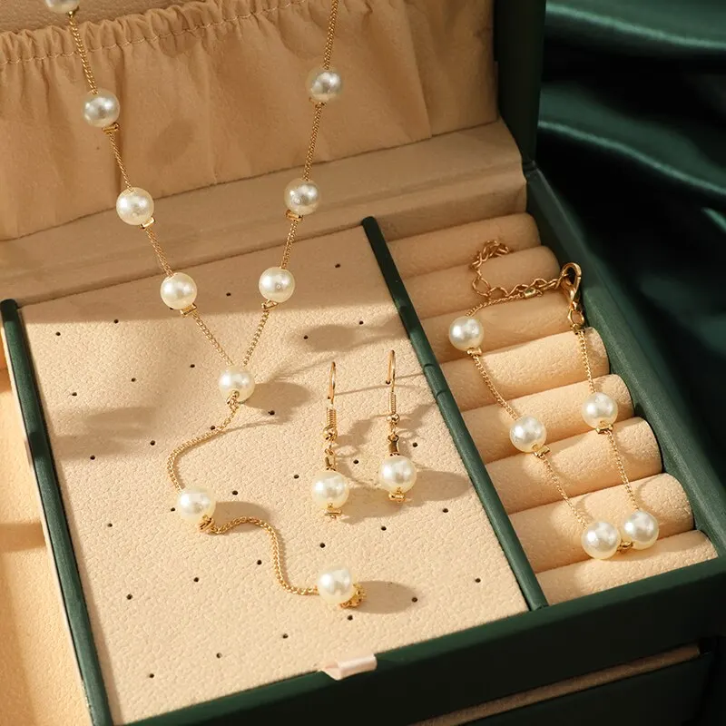 4pcs Gold-color Necklace Earring Bracelet Set Ladies Elegant Imitation-Pearls Collection Temperament Tassel Jewelry image 4