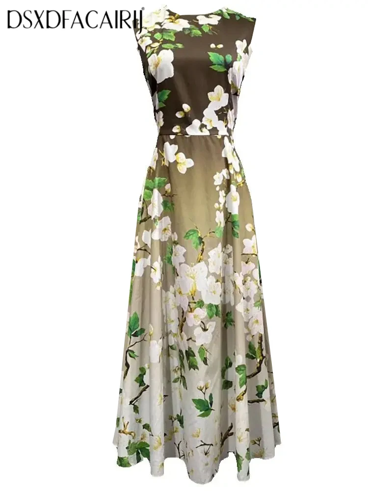 

DSXDFACAIRIJ Women's O-Neck Sleeveless Cotton Dress Flower Print Elegant Summer Party Fashion Female Clothing