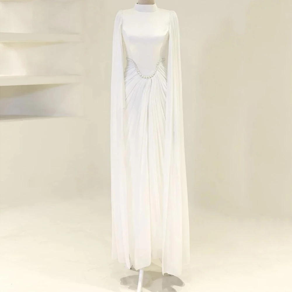 

Customized A-line Evening Dresses Floor-length High-neck Full Sleeve Prom Gown Fashion Crystal Simple Draped Casual Party Gown