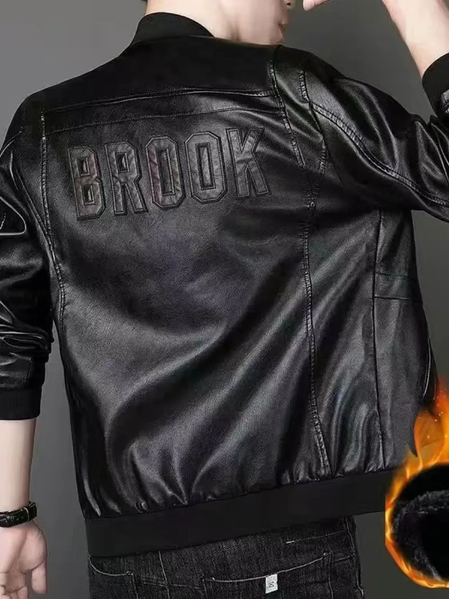 

Мужская кожаная куртка Slim Fit, тонкая верхняя одежда в корейском стиле, модная молодежная куртка с флисовой подкладкой, длинными рукавами, двусторонняя, повседневная.