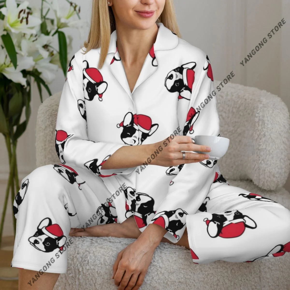 Women Sleepwear Pajamas Christmas Dog Pattern Long Sleeve Pijama Female Set Negligee Cardigan Suit