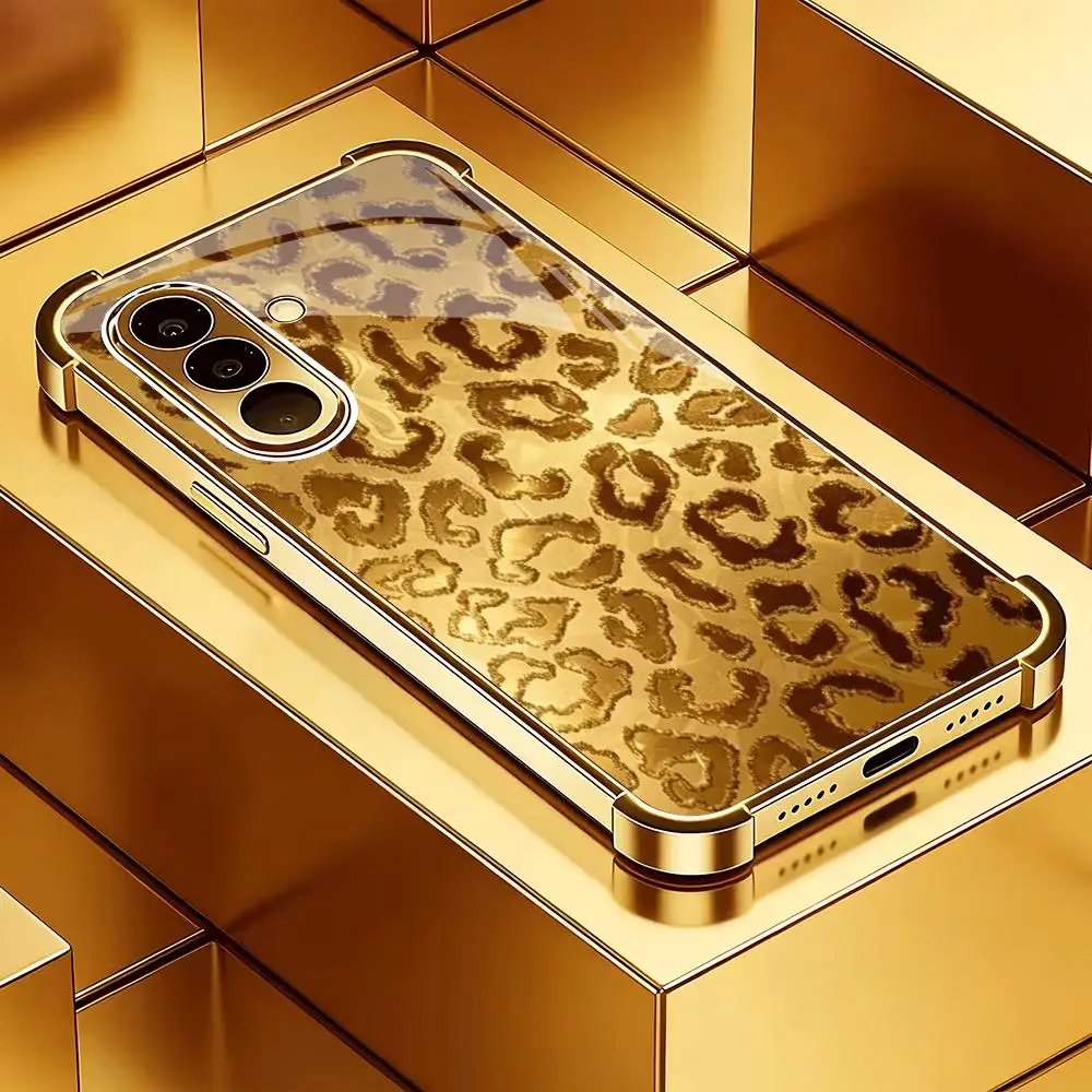 Golden leopard print anti drop glass phone case suitable for Samsung Galaxy S26 S25 S24 S22 S21 S20 FE/Ultra/Plus back cover