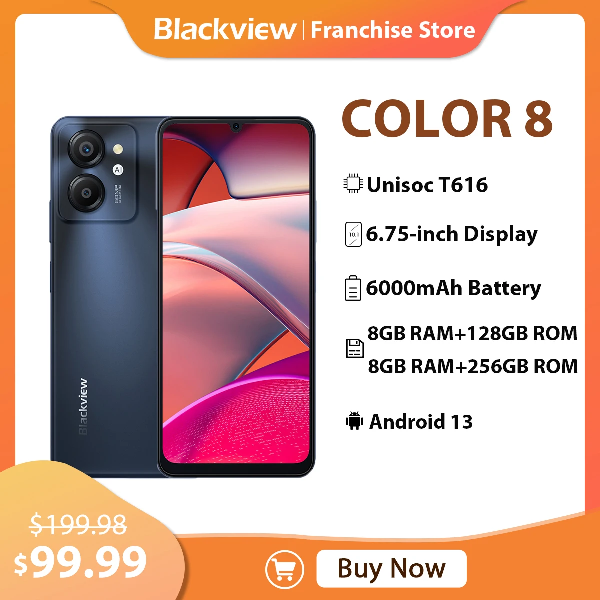 Blackview COLOR 8 6.75 Inches Smartphone 8GB+128GB/256GB Octa Core 8MP+50MP 6000mAh Android 13 Dual 4G Sim Face Unlock Cellphone