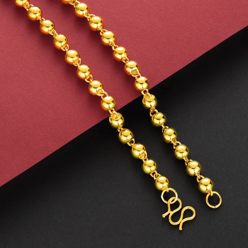 

Solid Round Bead Necklace For Men And Women 24K Real Yellow Gold Couple Wedding Party Opening Light Luxury Jewelry