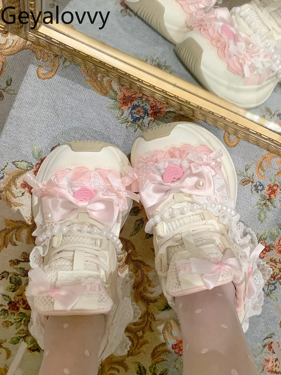 Lace Bow Pearl Ribbon Cute Sweet Thick-Soled Dad Shoes for Women Spring Autumn Height-Increasing Casual Sneakers Femme