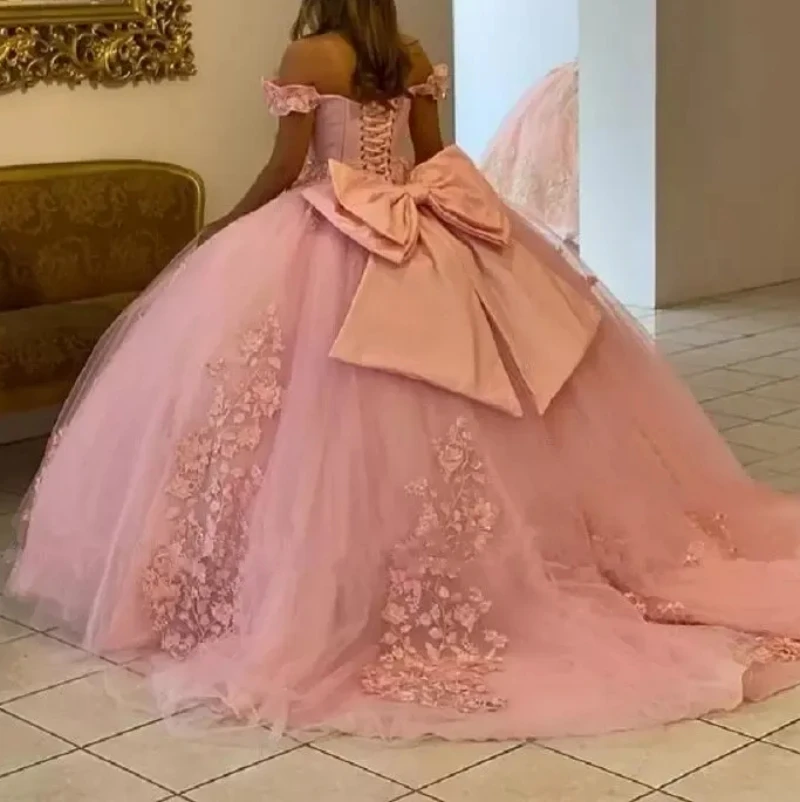 Personalizado rosa vestido de baile fora do ombro flor grande bola saia festa aniversário ocasião vestido de 15 anos quinceanera 16