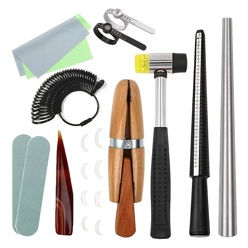 20Pcs Ring Sizer Tool Set with Ring Mandrel Expander Rubber Hammer Polishing Cloth for DIY Ring Resizing Repair Jewelry Making