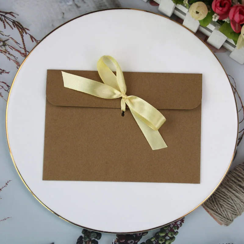 

50pcs/lot Kraft Envelopes for Wedding Invitations Small Business Supplies Silk Ribbon Paper Postcard Stationery Envelope