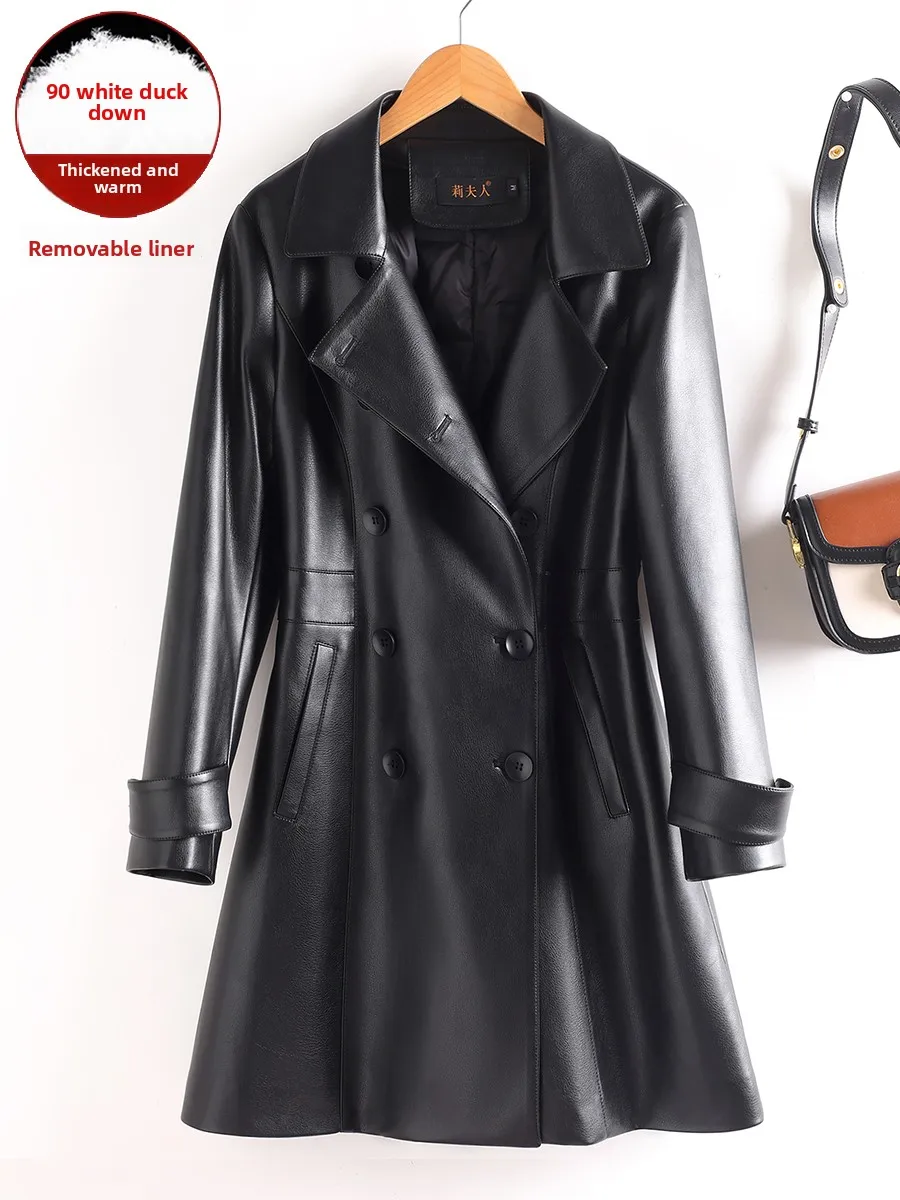 

Женская кожаная куртка-ветровка средней длины из натуральной кожи Haining с отстегивающейся подкладкой из овчины, утепленная пухом, приталенная, для похудения фигуры