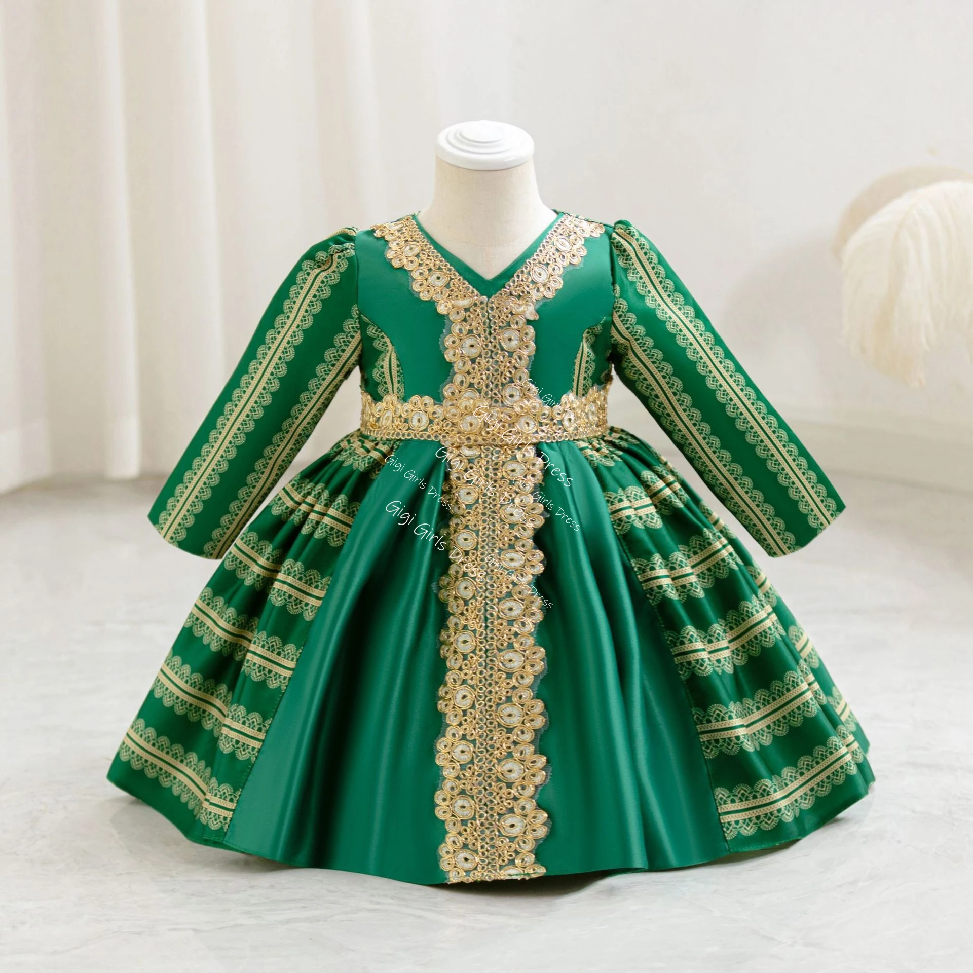 Платье принцессы для маленьких девочек с цветочным принтом и длинными рукавами, арабские халаты для малышей, золотое кружевное платье с поясом на день рождения, платье с цветочным узором для девочек