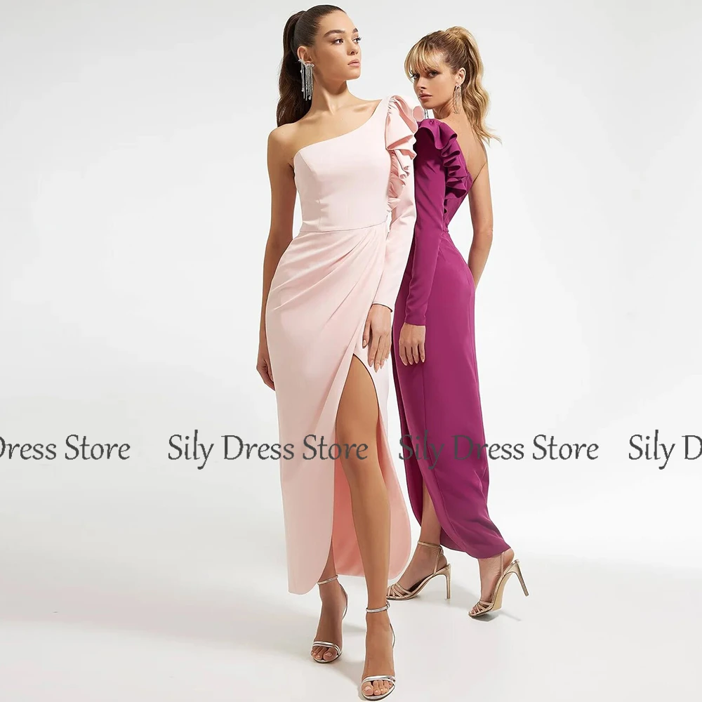 2024 Purple Evening Gowns For Women Jersey Sheath/Column Elegant Party Dress One-shoulder Ruffles Split Pleat Prom Gown Midi