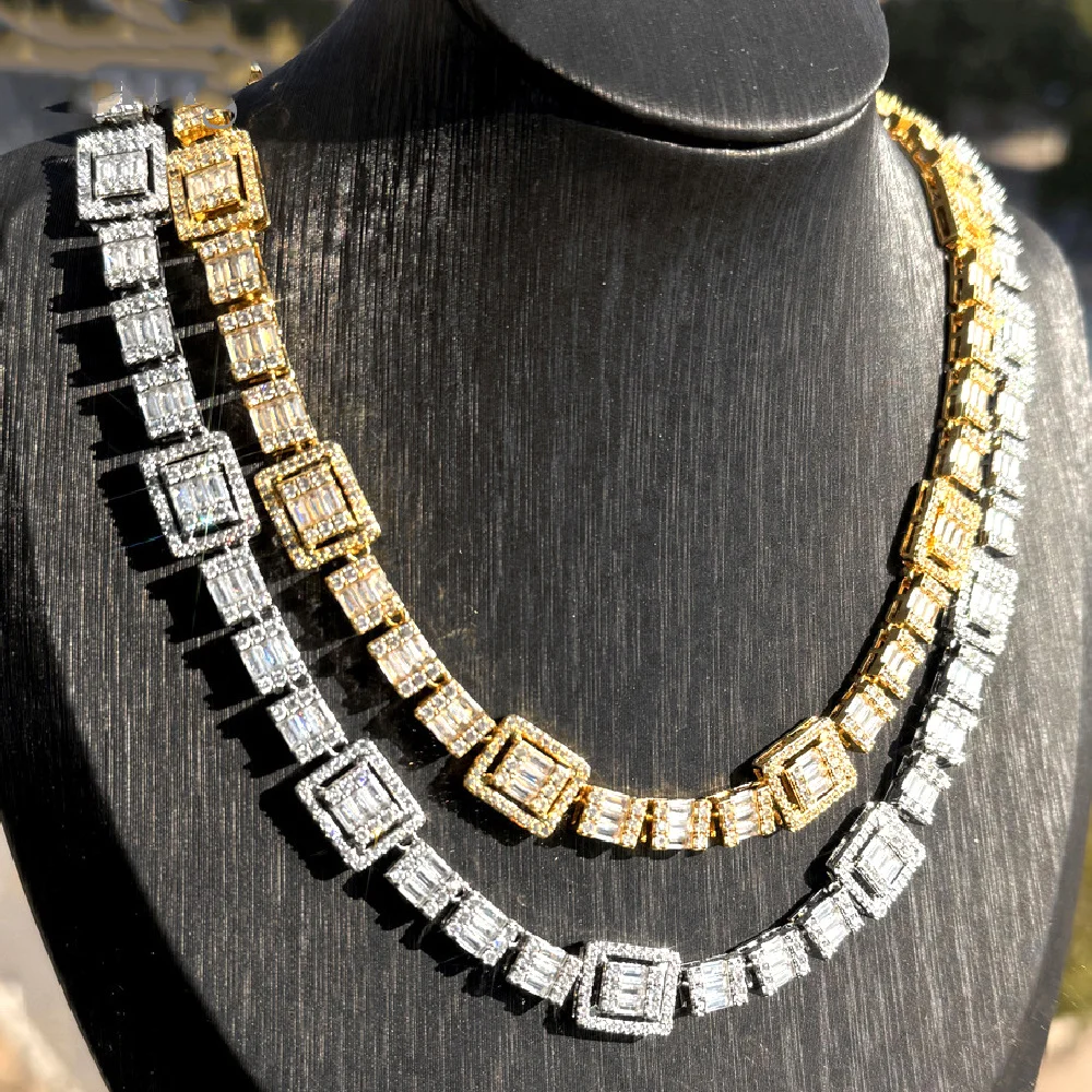 Icedminer 12mm Baguettes Iced Out Link Chain Necklaces Men Women Bling Zircon Hip Hop Jewelry Free Shipping