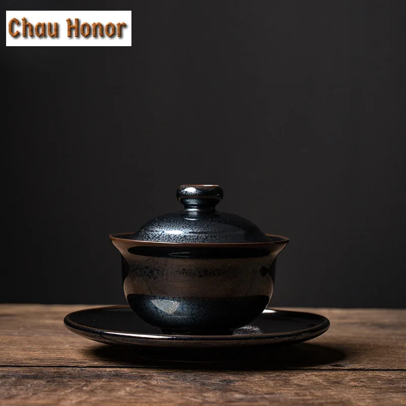 

150ml High-end Tianmu Glazed Fire Dragon Iron Tire Ceramics Sancai Gaiwan Handmade Household Puer Kung Fu Tea Set Gift Packaging