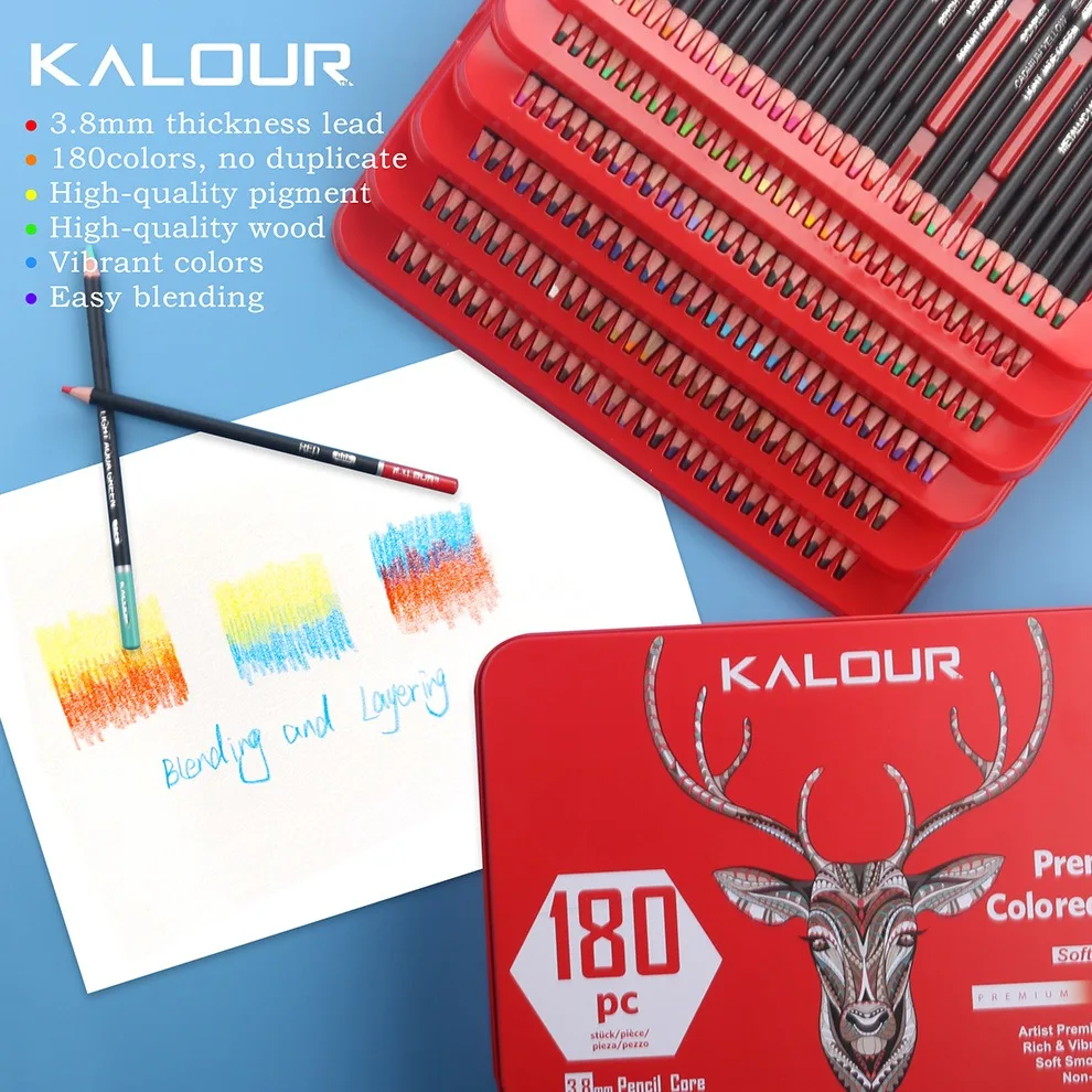 KALOUR NEW 180 Colored Pencils,colores profesionales de dibujo Non-Toxic 3.8mm Soft Smooth Lead Colorful Pigment Drawing Sketch