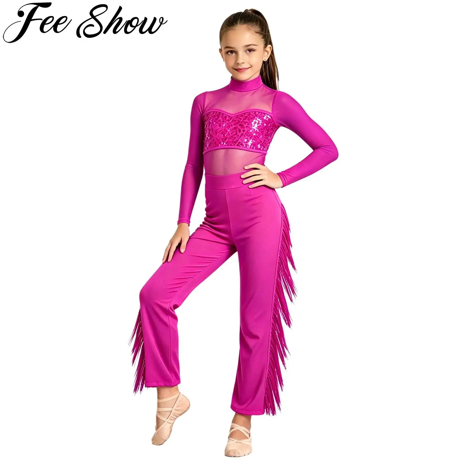 Kids Girls Latin Tango Samba Salsa Dance Jumpsuit Long Sleeve Mesh Sequin Bodice Tassels Bodysuit Ballroom Jazz Modern Dancewear