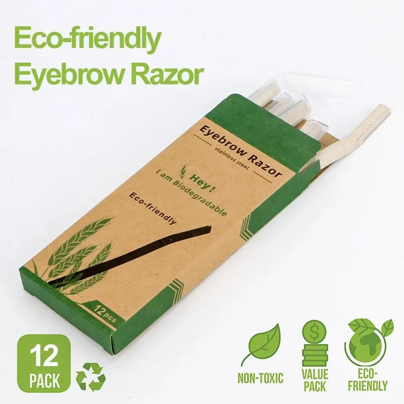 12PCS Stainless Steel Sharp Smooth Eyebrow Trimmer Wheat Straw Handle Shave Eyebrow Razor Brow Razor Beauty Tools