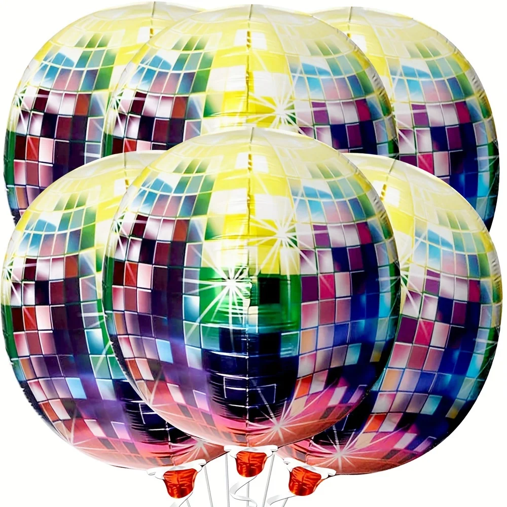 Paquete de 6 globos de discoteca coloridos 4D de 22 pulgadas, globos de papel de aluminio, adecuados para fiestas de cumpleaños, fiestas musicales y varias decoraciones para fiestas