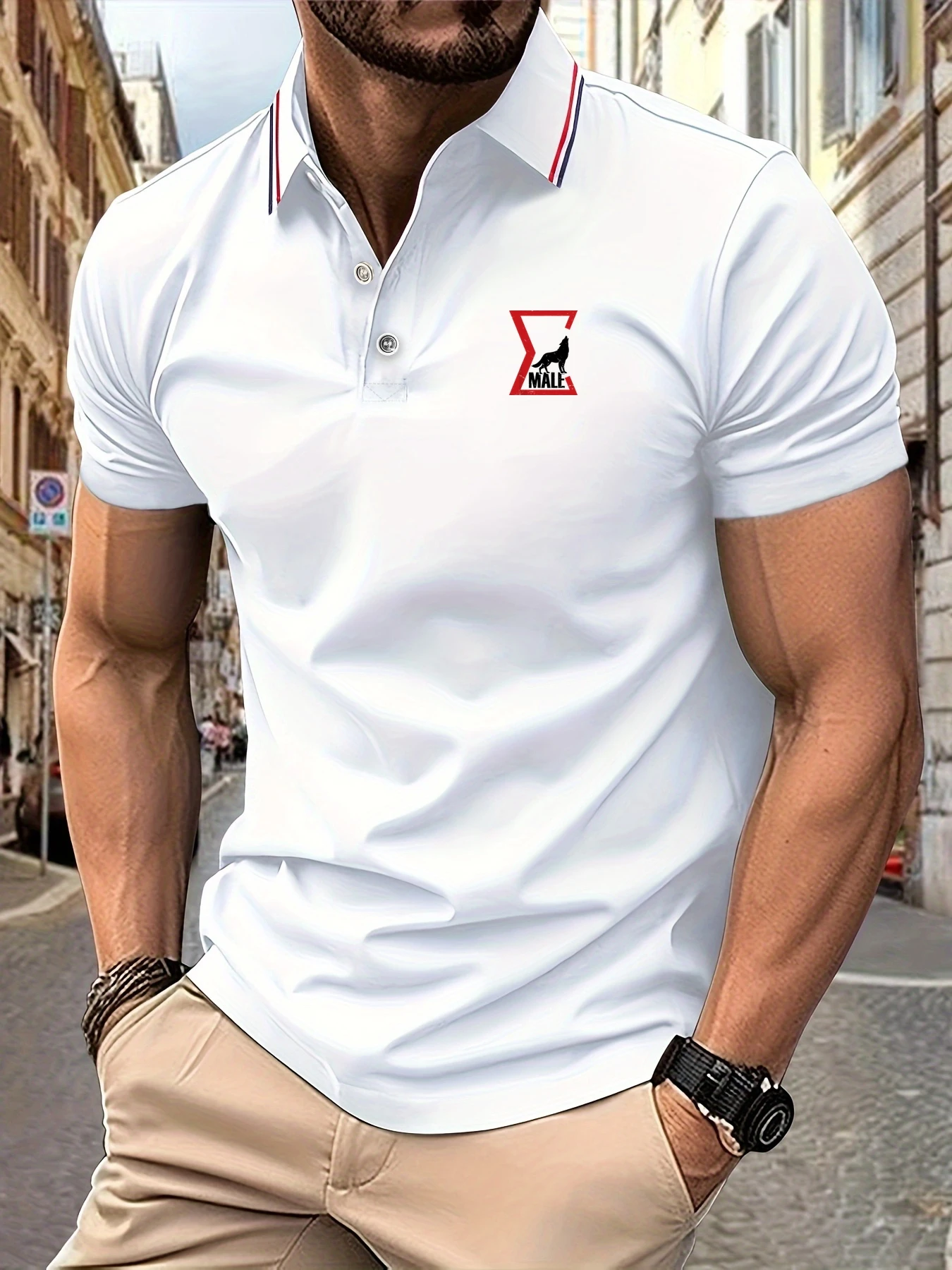 

2025 New Summer Polo Shirt Men's Wolf Print Striped Collar Short Sleeve Comfortable Breathable Casual Cool T-shirt