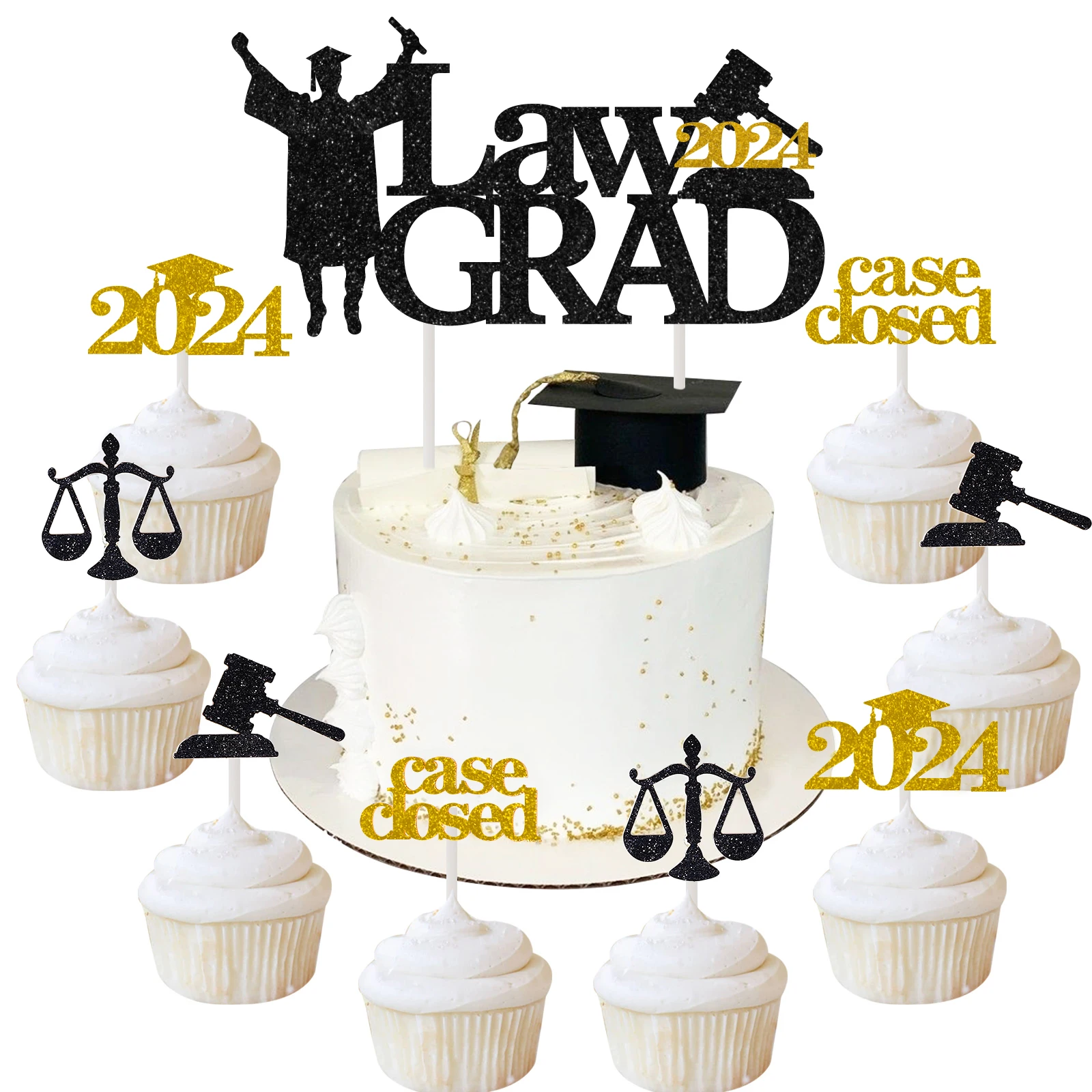 

Black Gold 2024 Law School Graduation Cake Decoration Set with Law Grad 2024 Cake Topper & 24 Pack Case Closed Cupcake Toppers