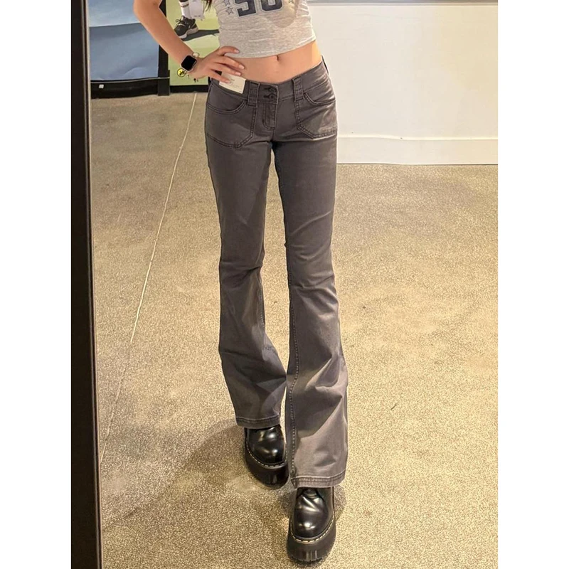 

Women Vintage Grey Flare Jeans American Retro High Waist Fashion Mop Pants Streetwear Y2K Wide Leg Female Denim Trousers